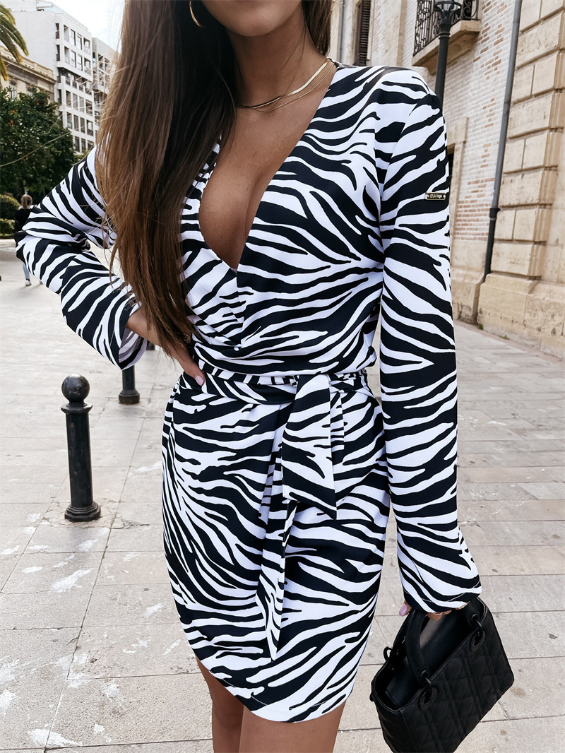 Deep V-Neck Zebra Print High Waist Dress - Image 4