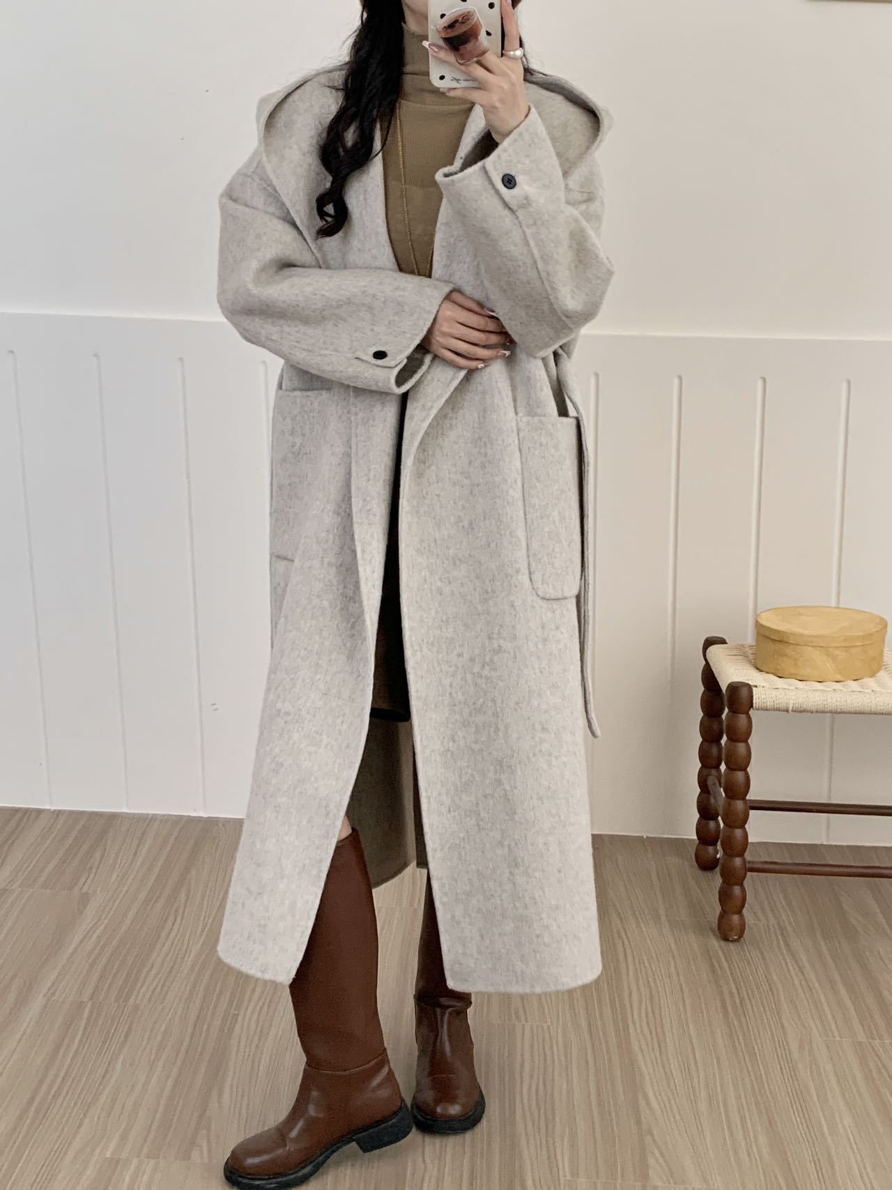 Solid Color Hooded Wool Overcoat - Image 10