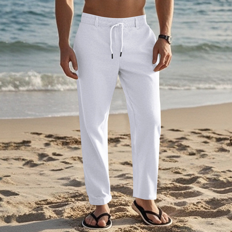 Fashion Solid Cotton Linen Straight Trousers