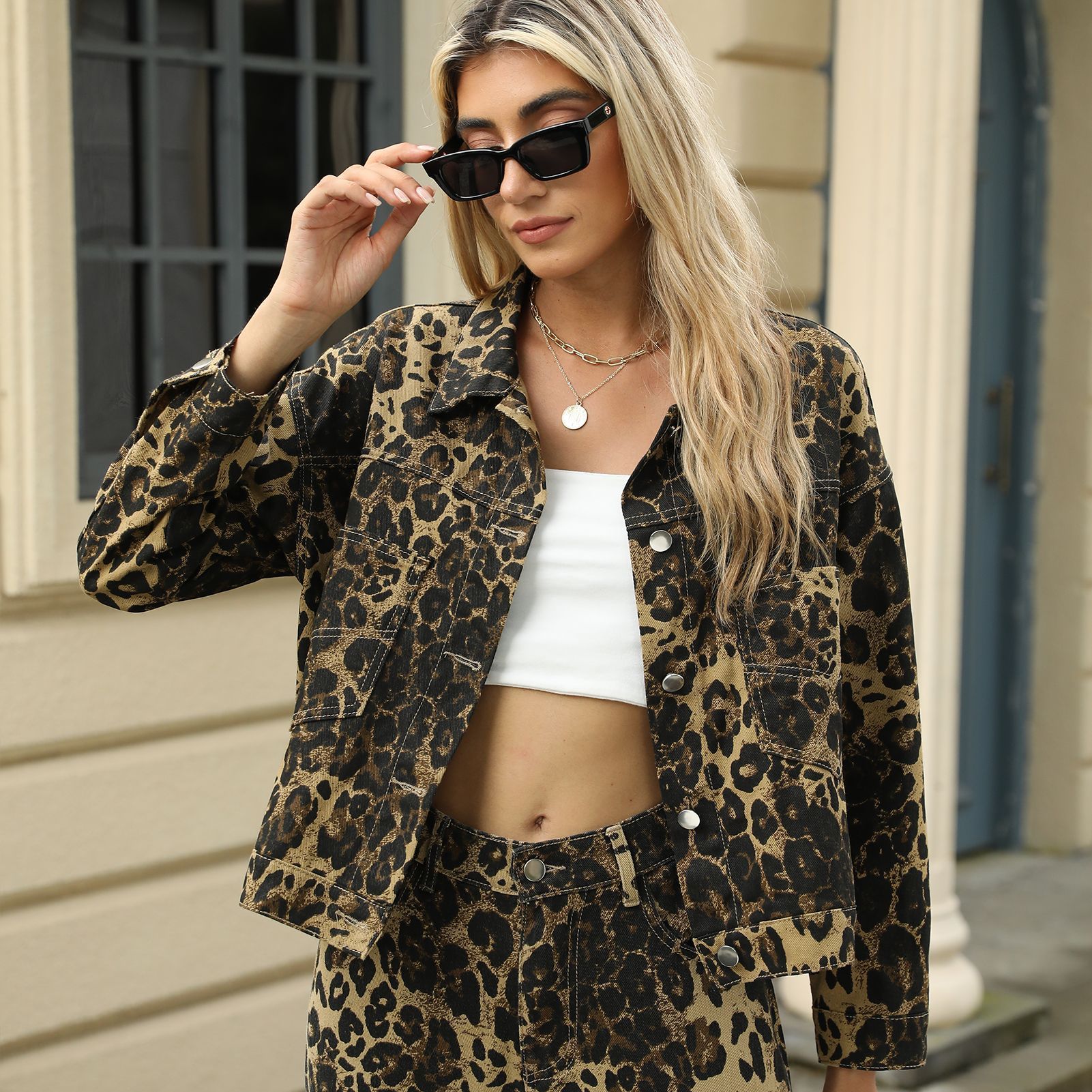 Washed Leopard Print Denim Coat Jacket - Image 7