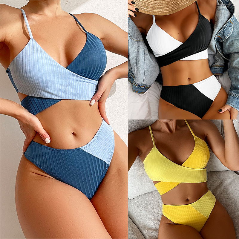 Women's Knot Back Patchwork Ribbed Bikini - Image 9