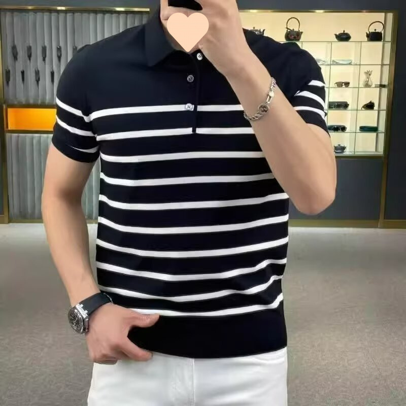 Personality Striped Lightly Lapel Knitted T-shirt