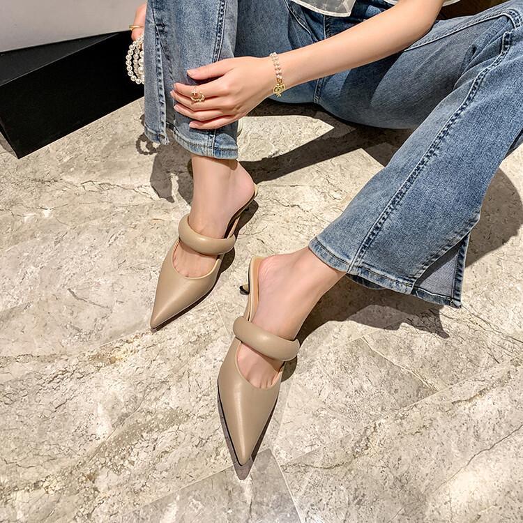 High Heels Leather Pointed Toe Slippers - Image 5