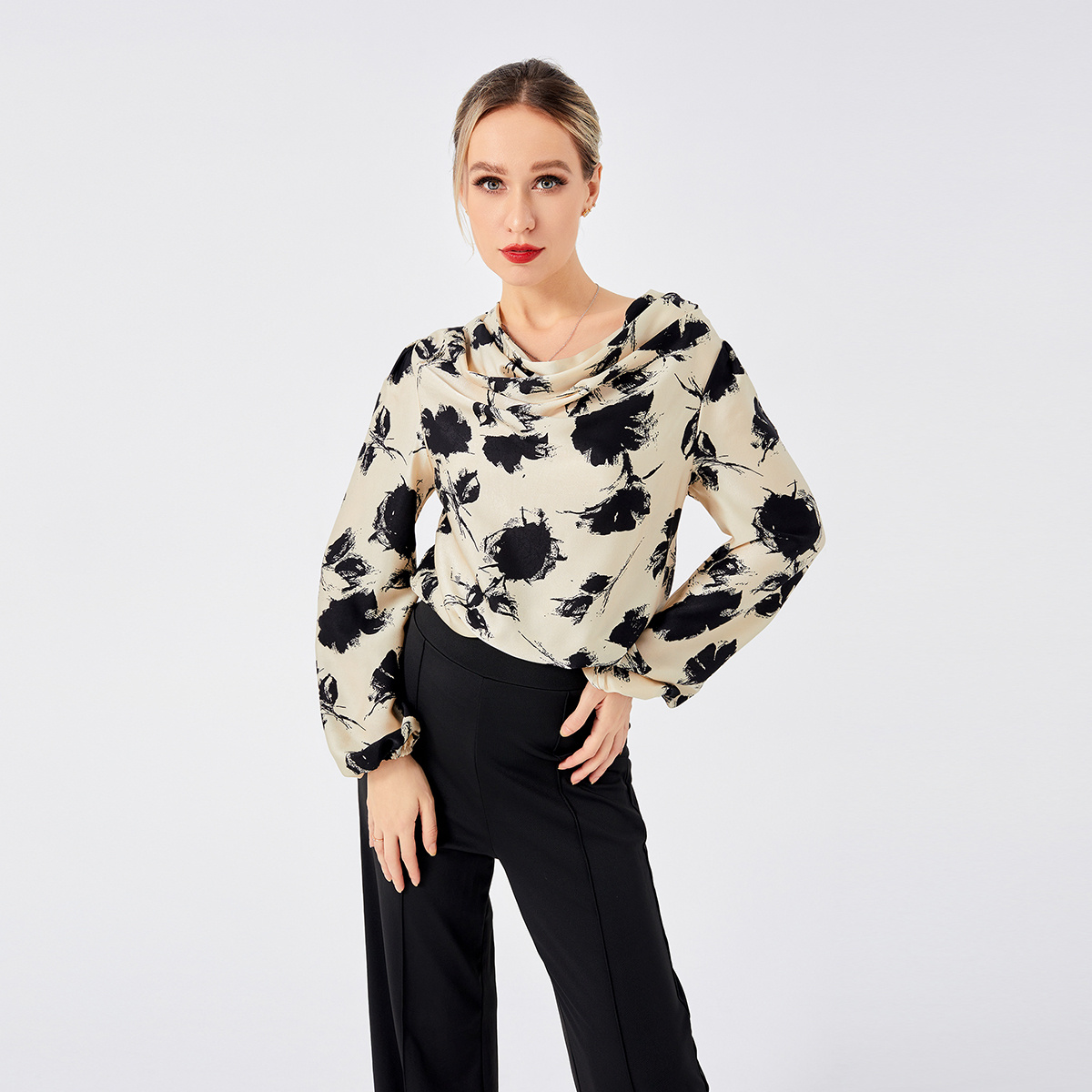 Elegant Print Front Drop Collar Blouse