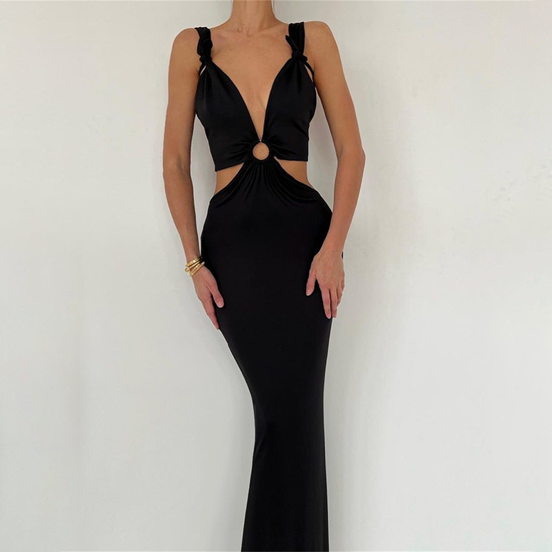 Stitching Neck Straps Backless Long Dress