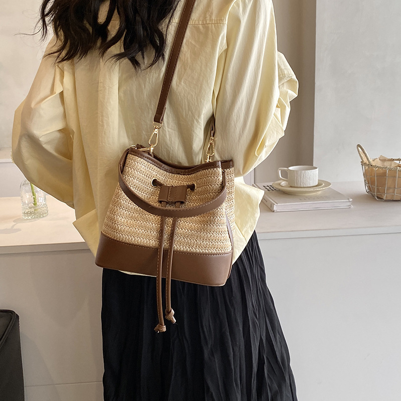 Portable Woven Straw Crossbody Bucket Bag