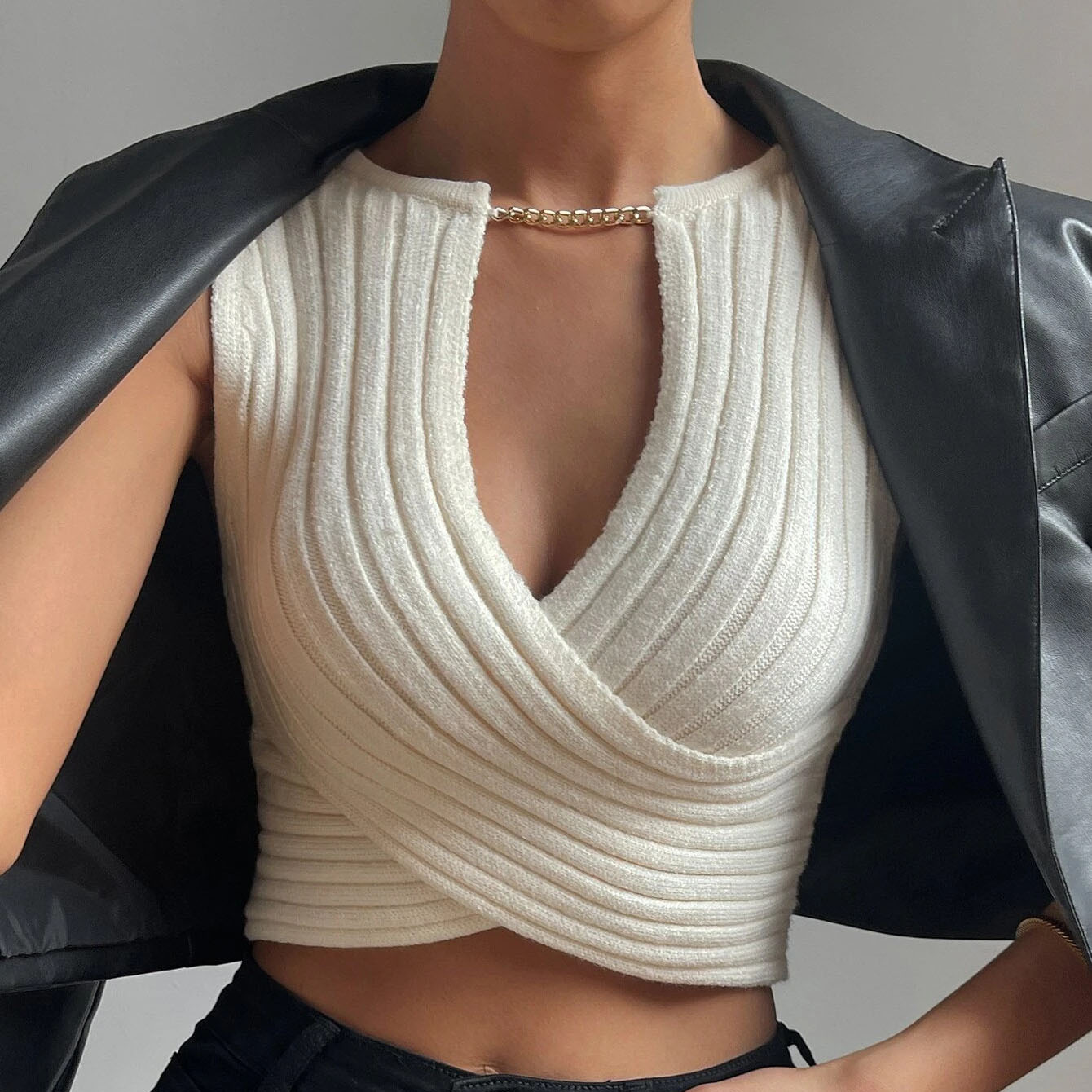 Cross Knitted White Sleeveless Vest