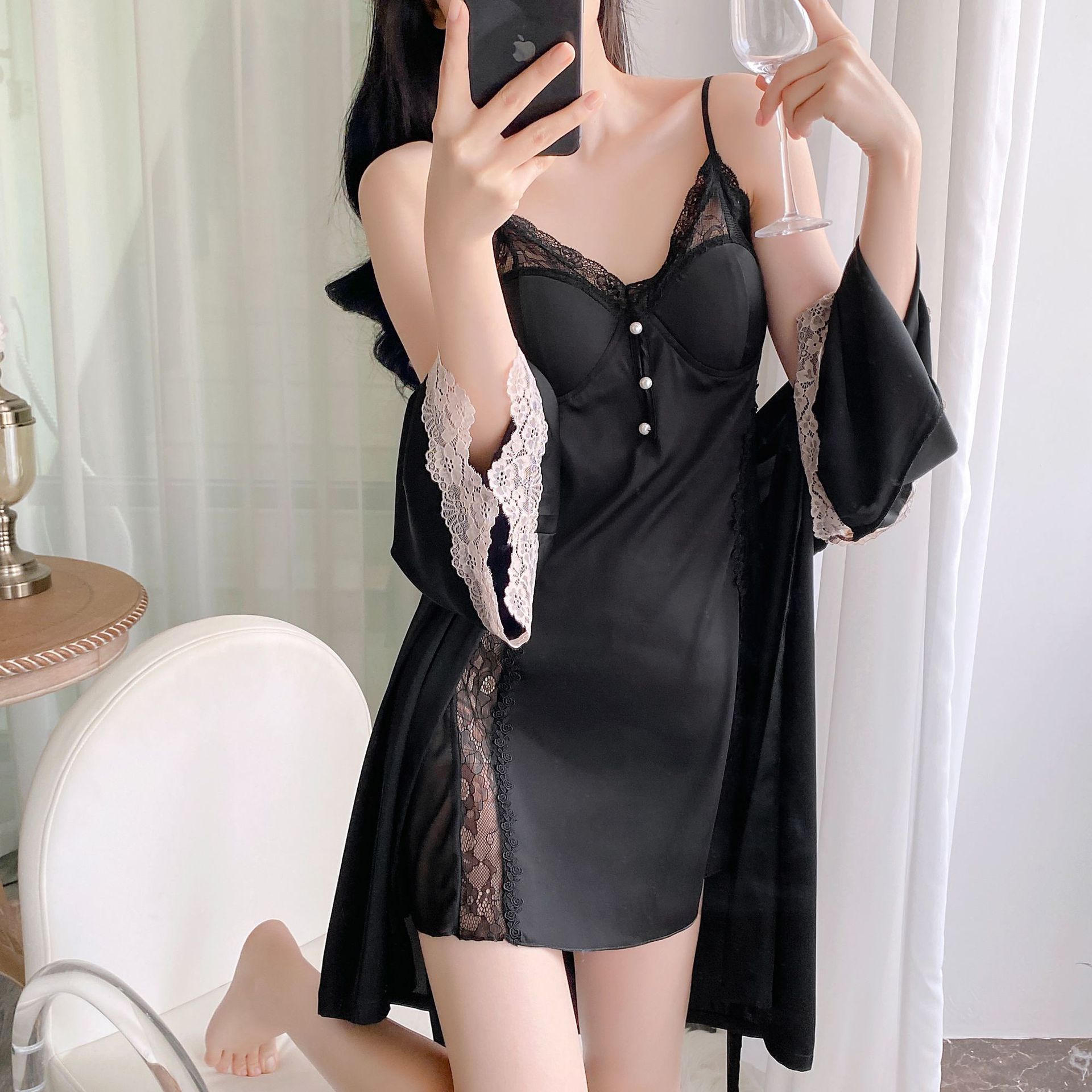 Ice Silk Suspender Skirt Night Suit - Image 3