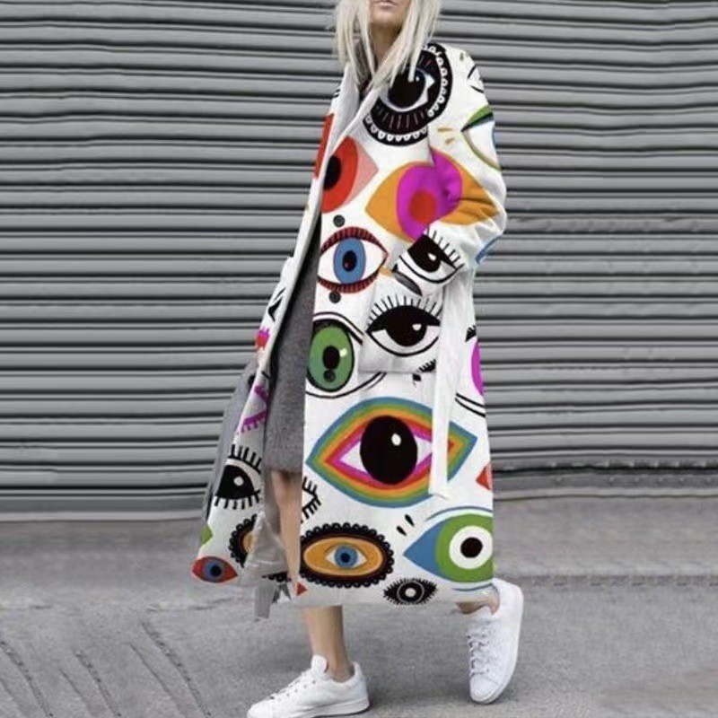 Women's Printed Dragon And Phoenix Woolen Coat - Image 5