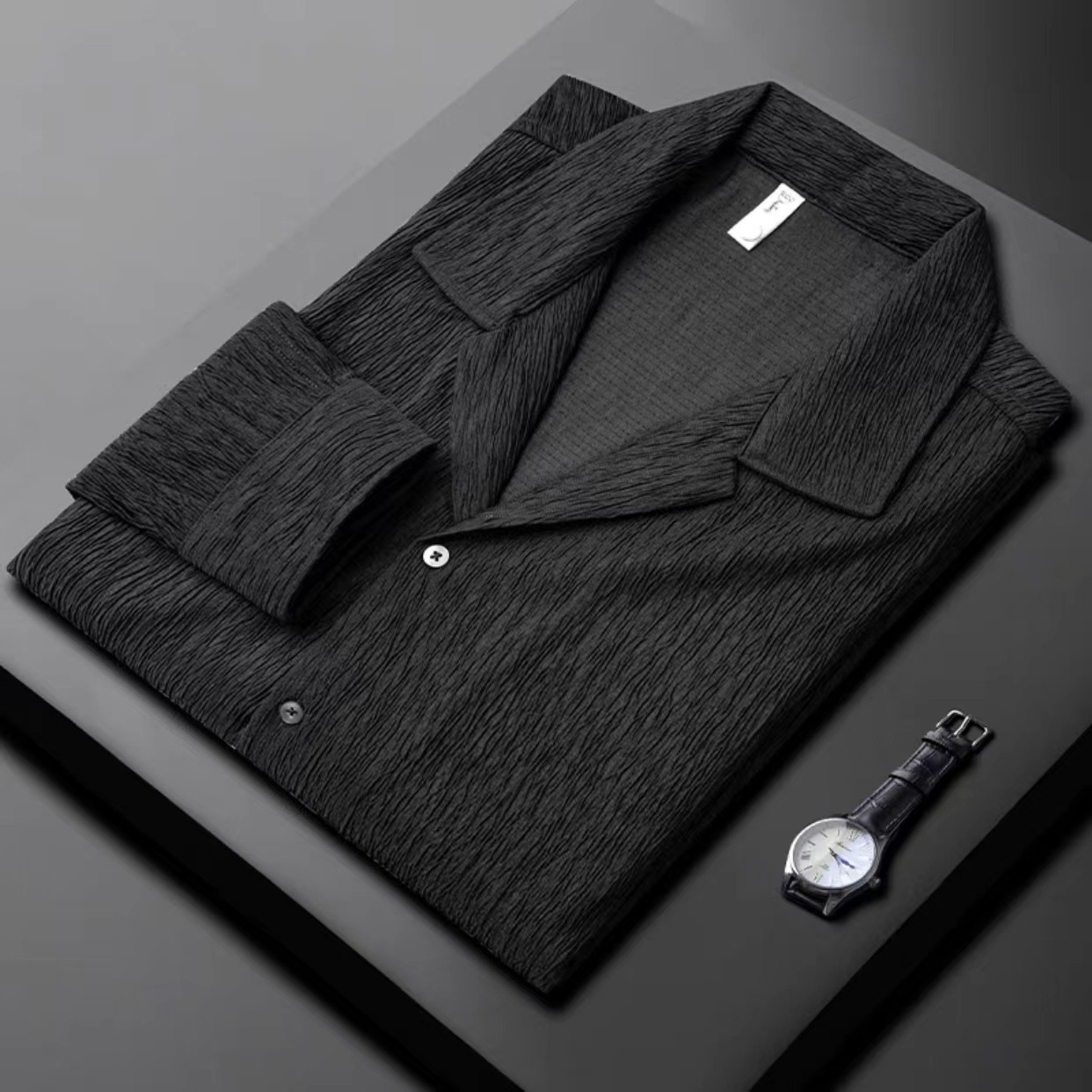 Men's Long Sleeve Cuban Collar Pleated Shirt - Image 9