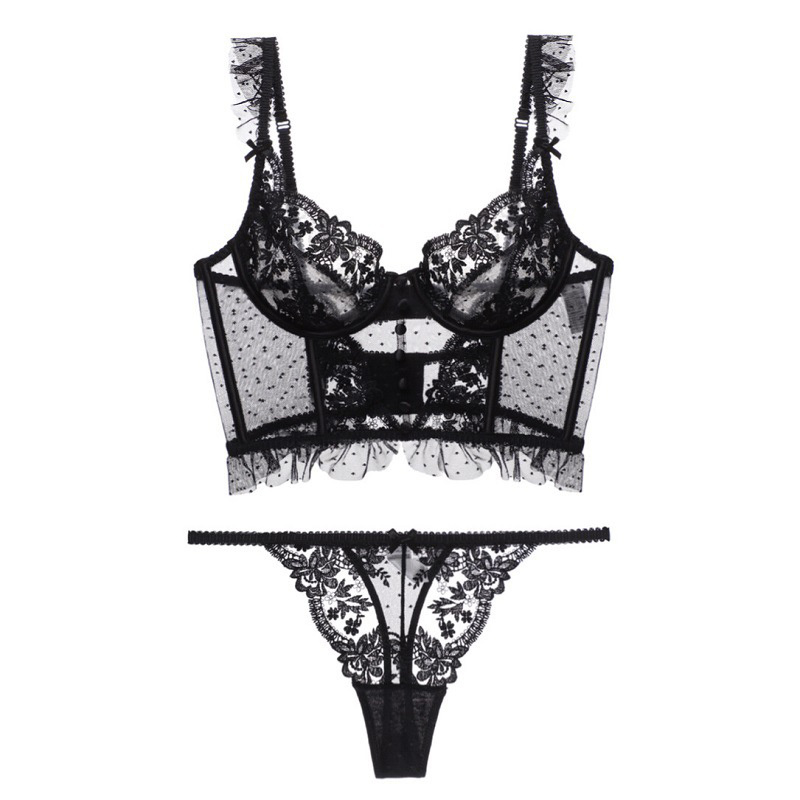 Lace Sling Corset Embroidered Bra Set - Image 3