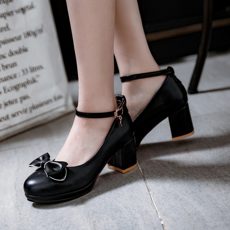 Leather Round Block Buckle High Heels