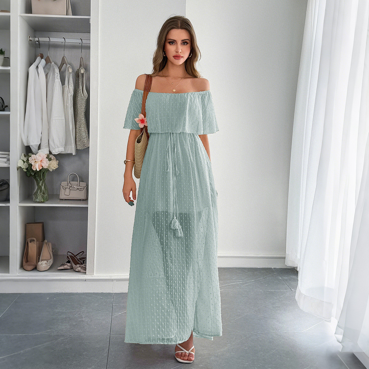 Off-Shoulder Semi-Transparent Slim Fit Dress - Image 5