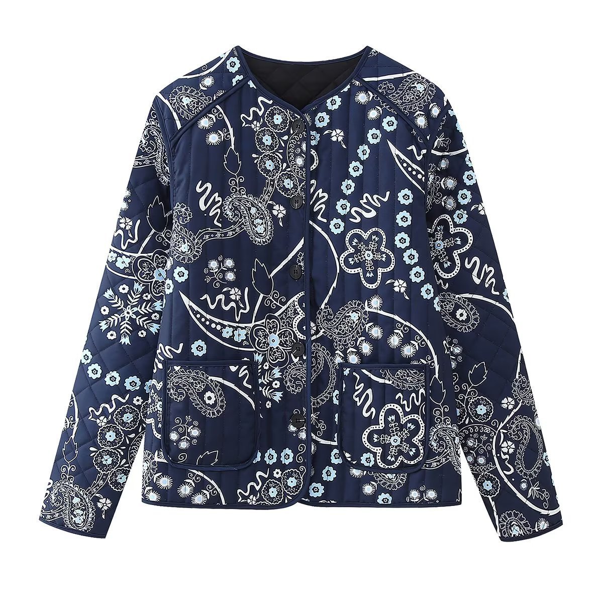 Winter Quilted Cotton Printed Round Neck Coat - Image 3