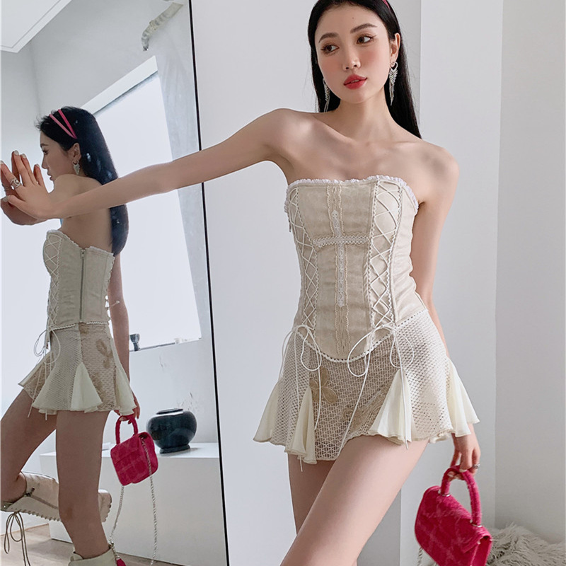 Women's Cross Lace Leather Tube Top Corset - Image 4