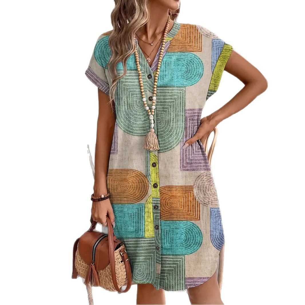 Printed Woven Elegant V-Neck Button Dress - Image 3