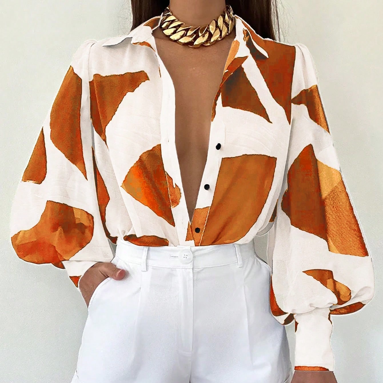 Print Blouse With Shirt Collar