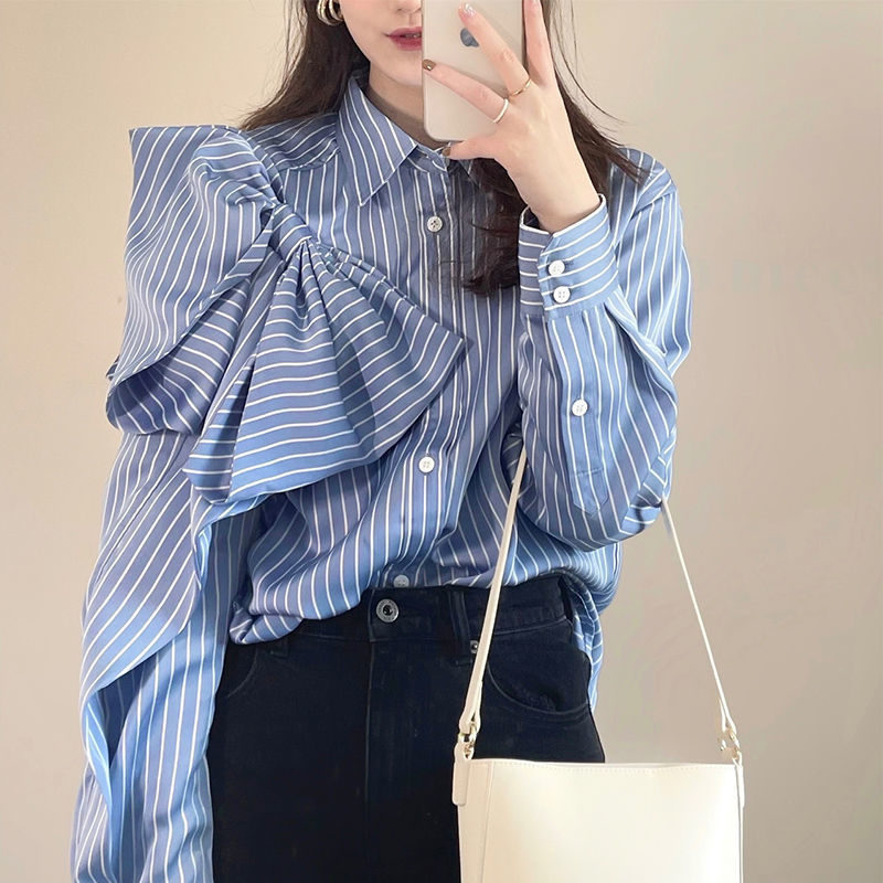 Bowknot Patchwork Striped Shirt Blouse