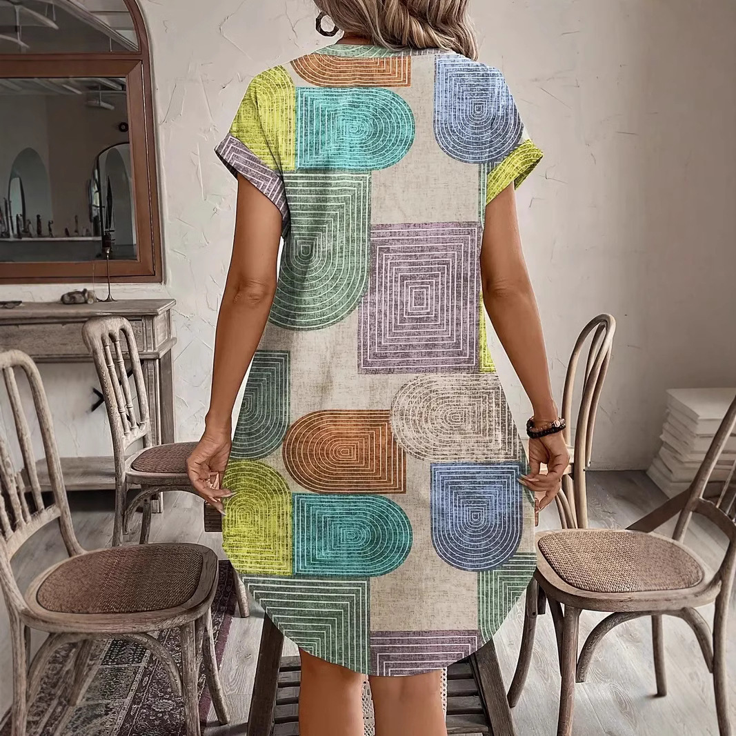 Printed Woven Elegant V-Neck Button Dress - Image 5