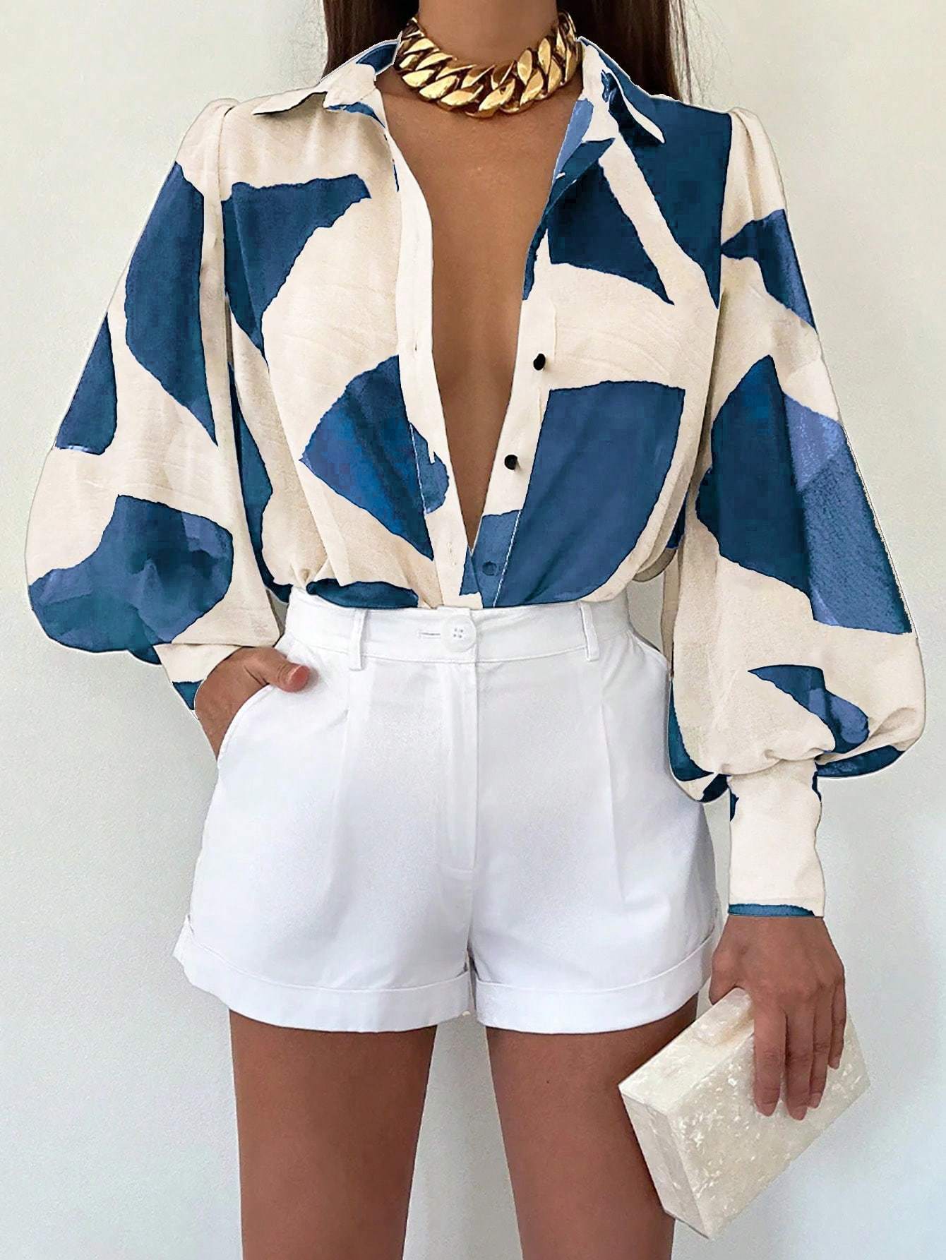 Print Blouse With Shirt Collar - Image 5