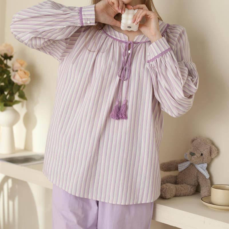 Striped Round Neck With Simple Long Sleeve Trousers Set
