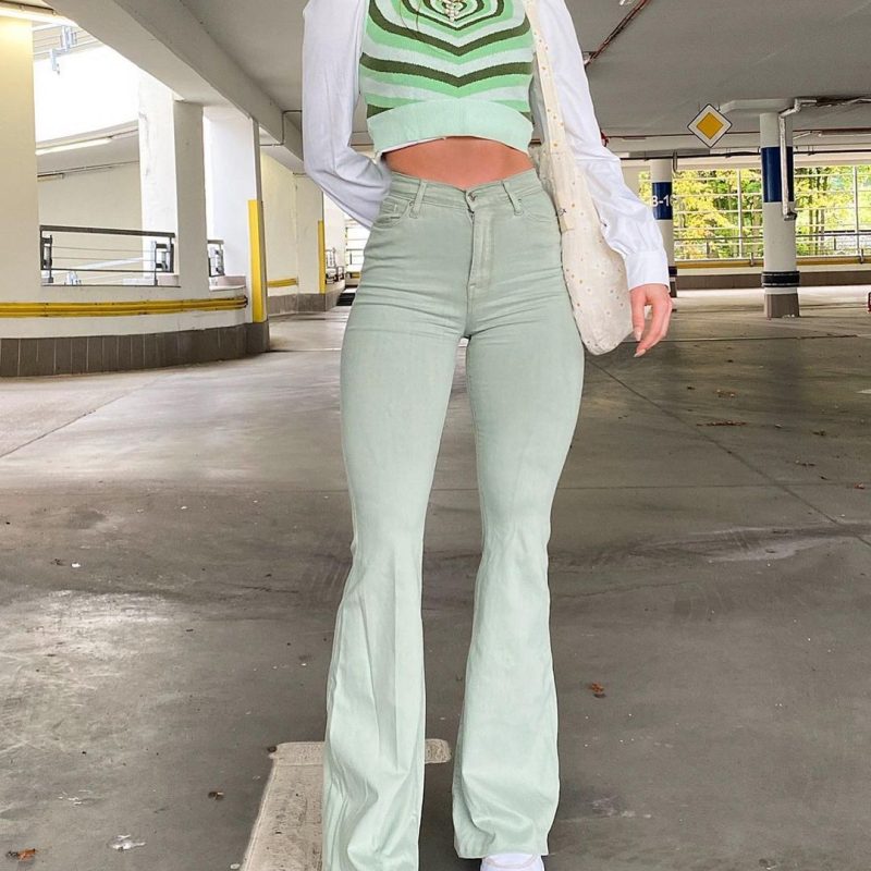 Women's Simple Green Flared Slim Trousers