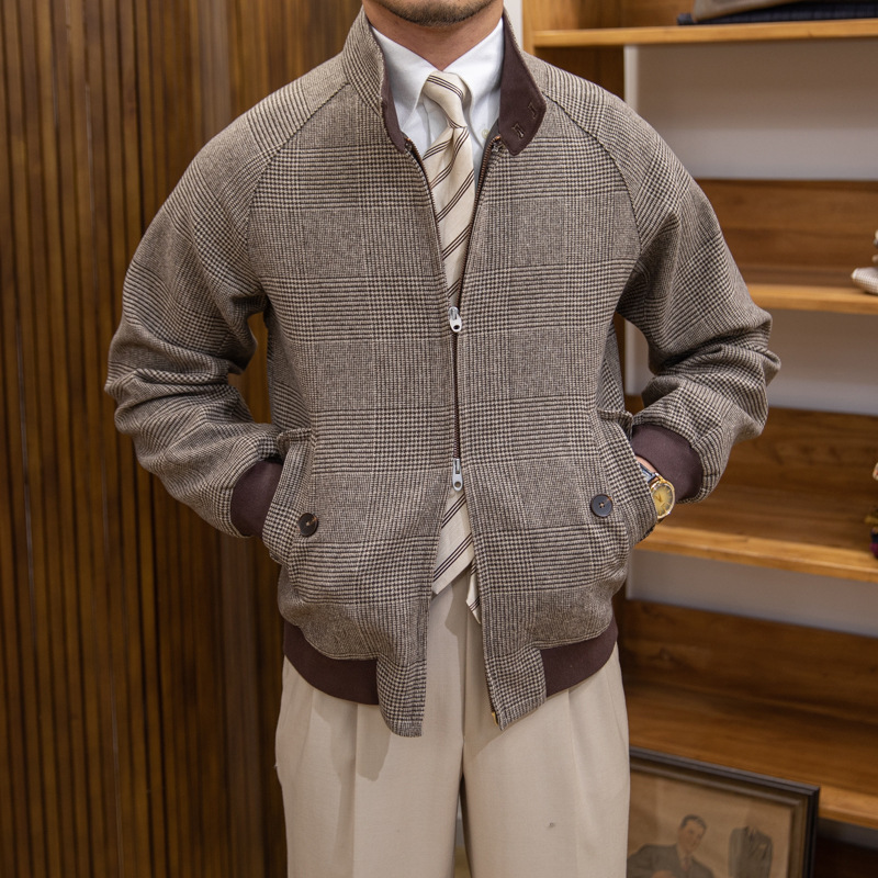 Plaid Stand Collar Slim-fit Cashmere Jacket