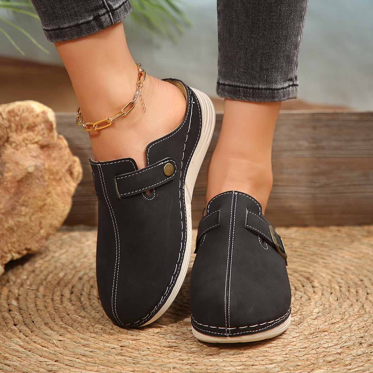 Women's Wedge Rivet Metal Buckle Slippers - Image 7