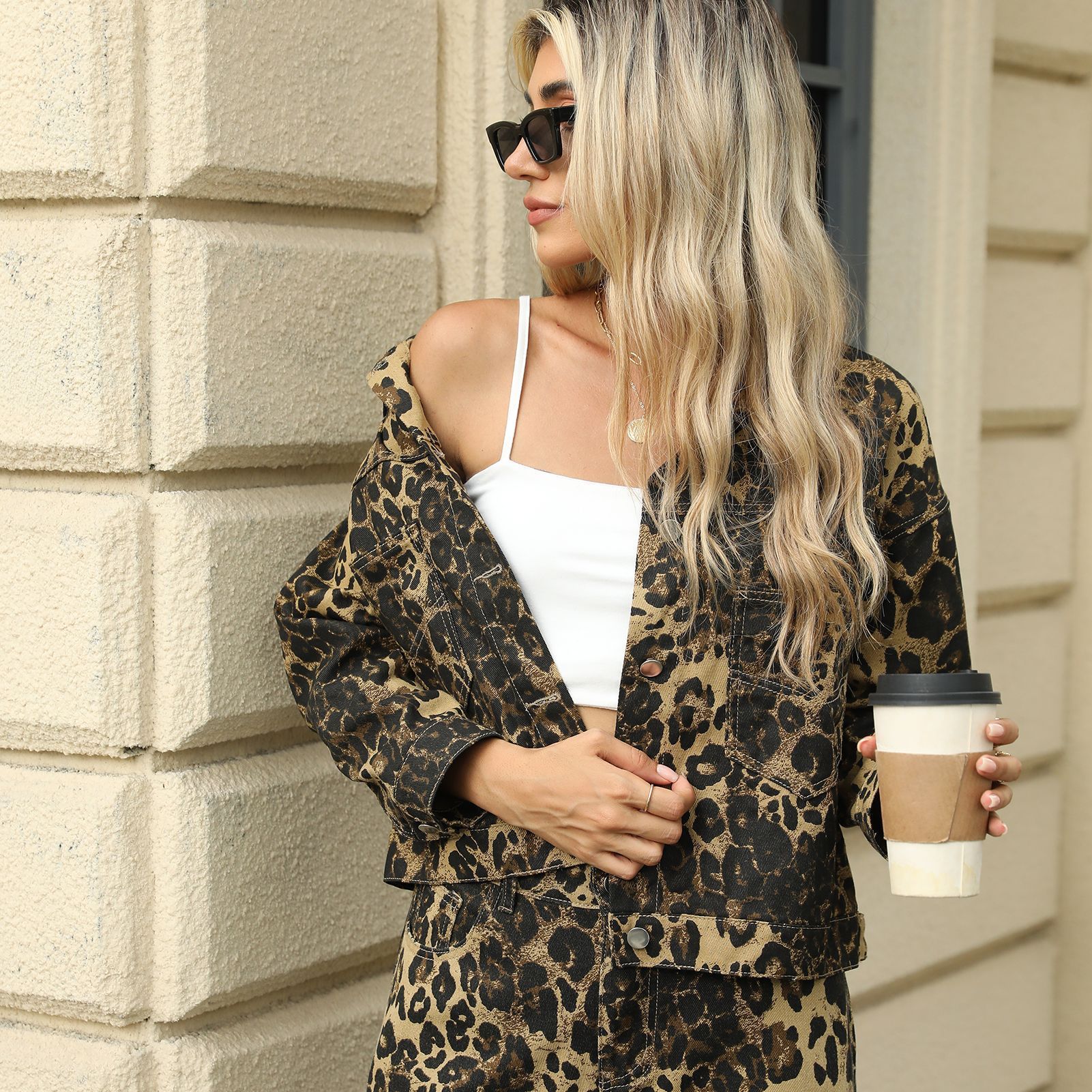 Washed Leopard Print Denim Coat Jacket - Image 3