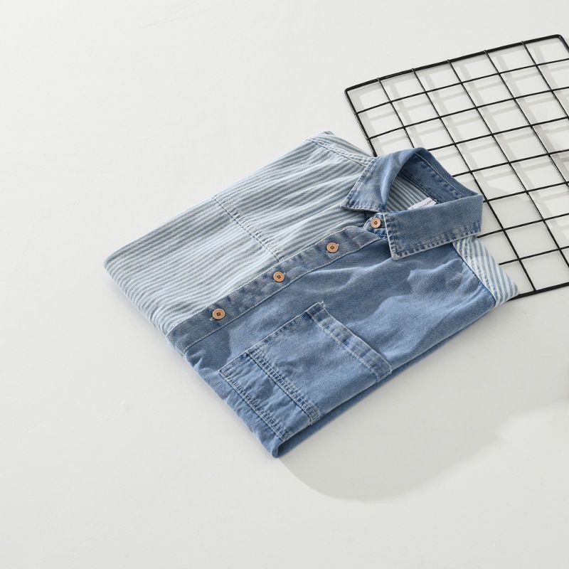 Denim Color Contrast Patchwork Short Sleeve Shirt - Image 2
