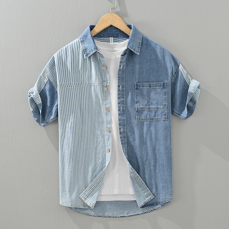 Denim Color Contrast Patchwork Short Sleeve Shirt