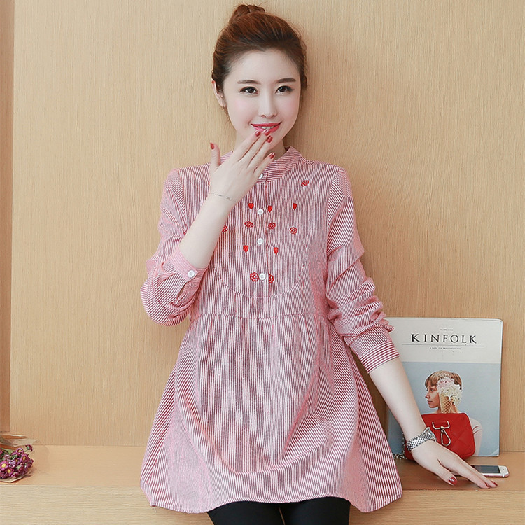 Maternity Collar Striped Stand-Up Embroidery Maternity Top - Image 4