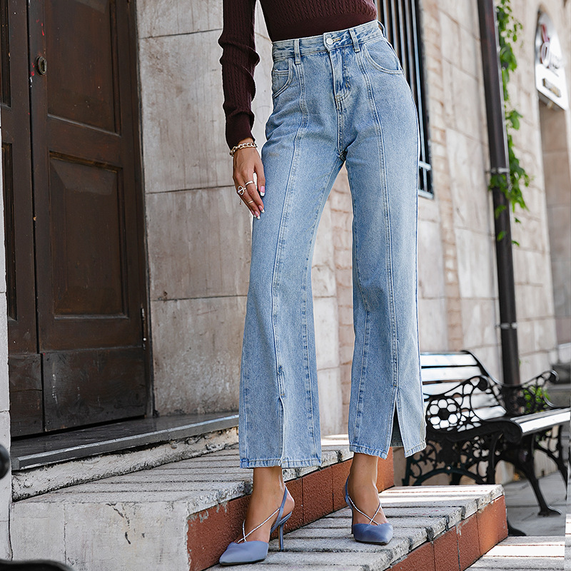 High Rise Cotton Straight Leg Jeans