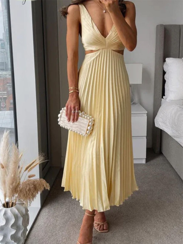 Ins Suspender Pleated With Hollow-waisted Long Dress - Image 4