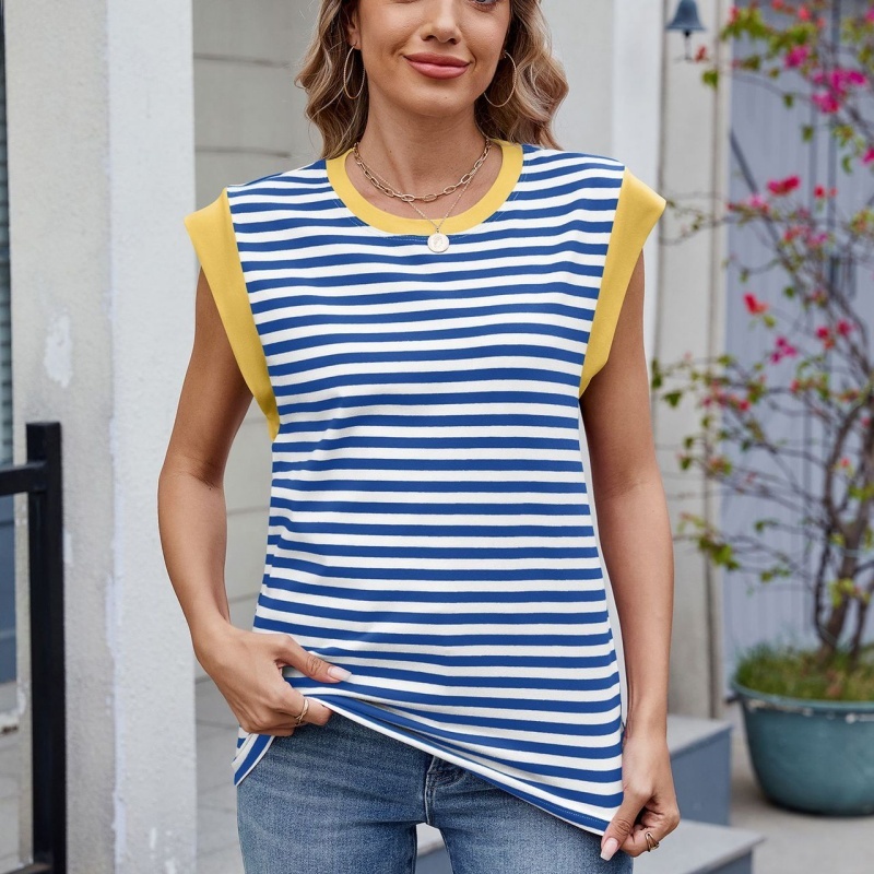 Loose Striped Contrast Round Short Tee