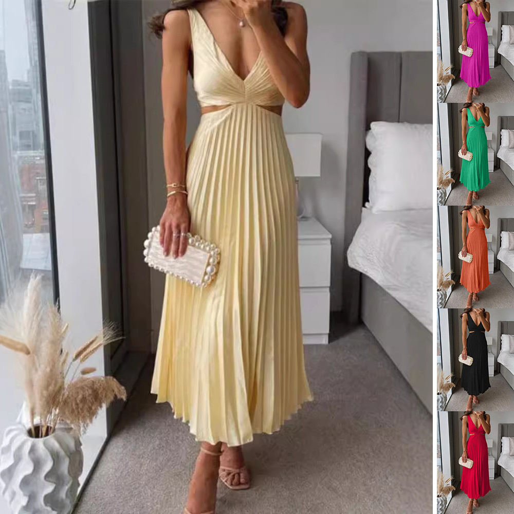 Ins Suspender Pleated With Hollow-waisted Long Dress