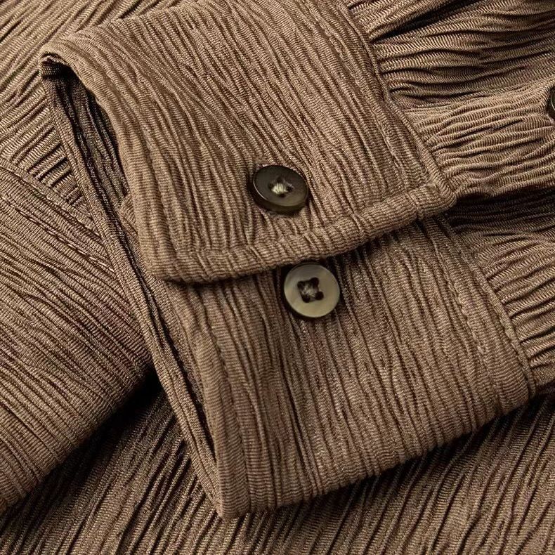 Men's Long Sleeve Cuban Collar Pleated Shirt - Image 4