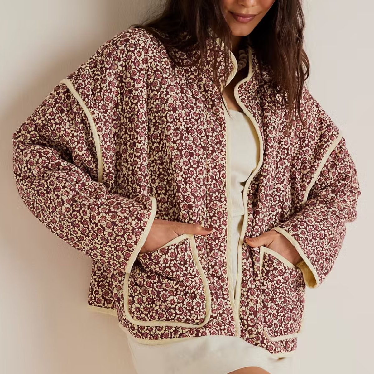 Floral Cotton Quilted Collar Jacket For Women