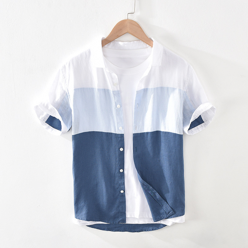 Short Sleeve Men's Patchwork Linen Shirt