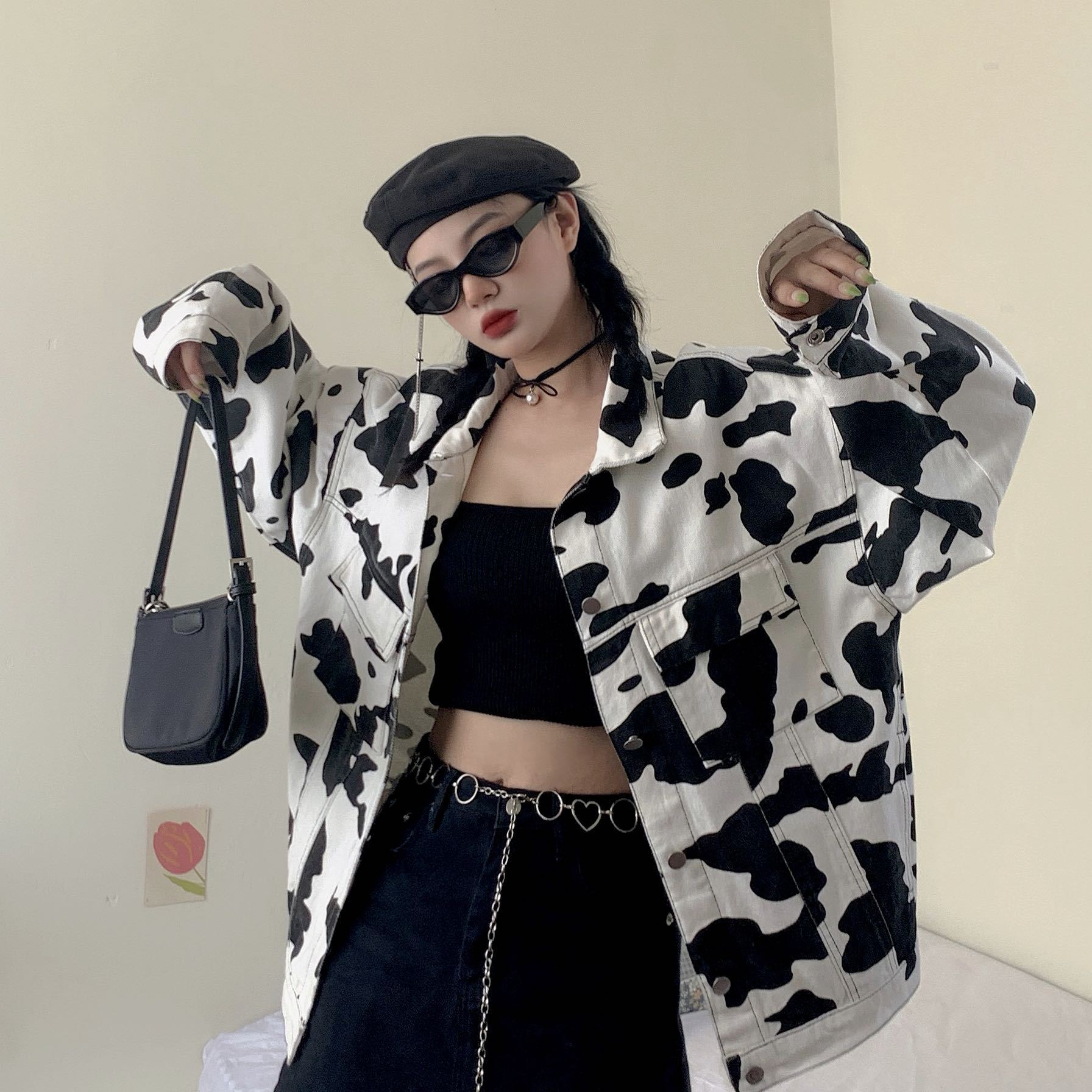 Women's Cow Print Long Sleeve Denim Jacket