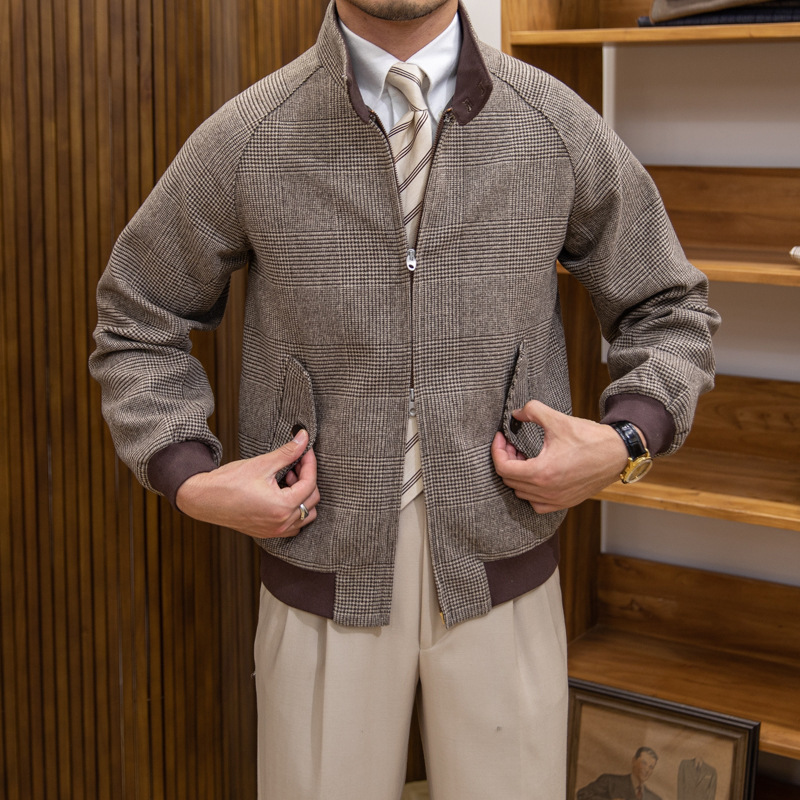 Plaid Stand Collar Slim-fit Cashmere Jacket - Image 5
