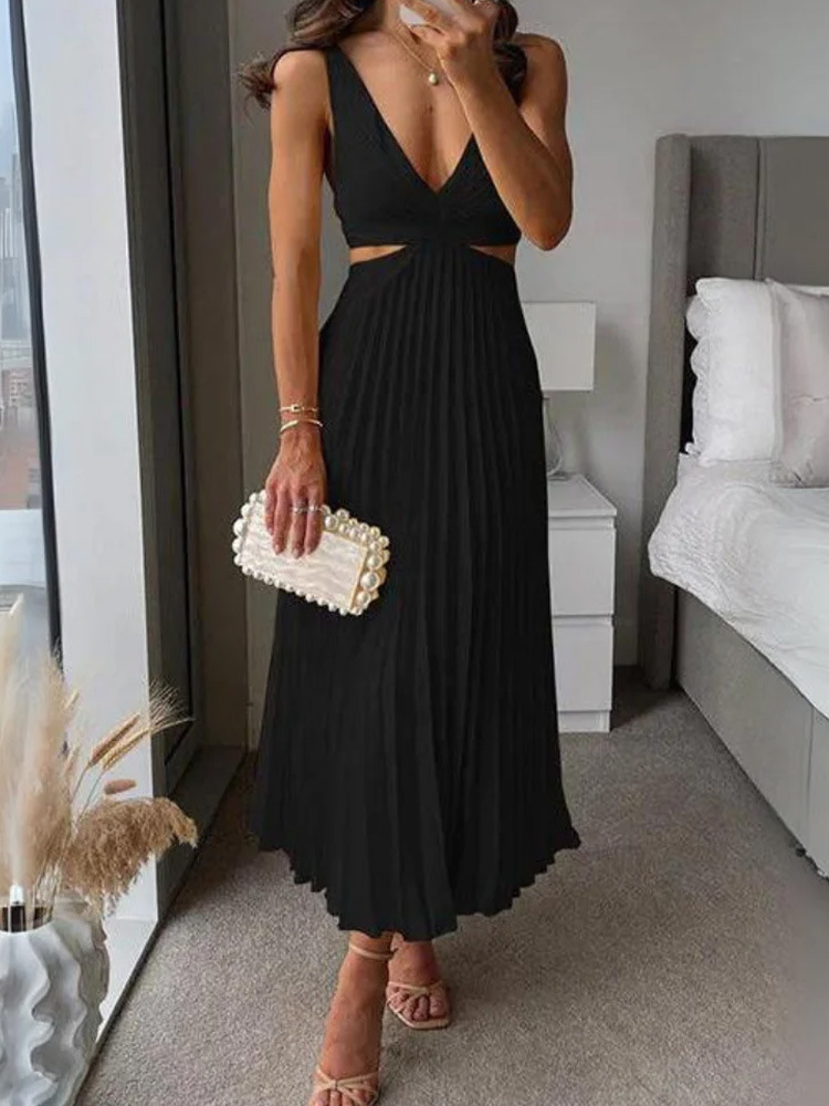 Ins Suspender Pleated With Hollow-waisted Long Dress - Image 2