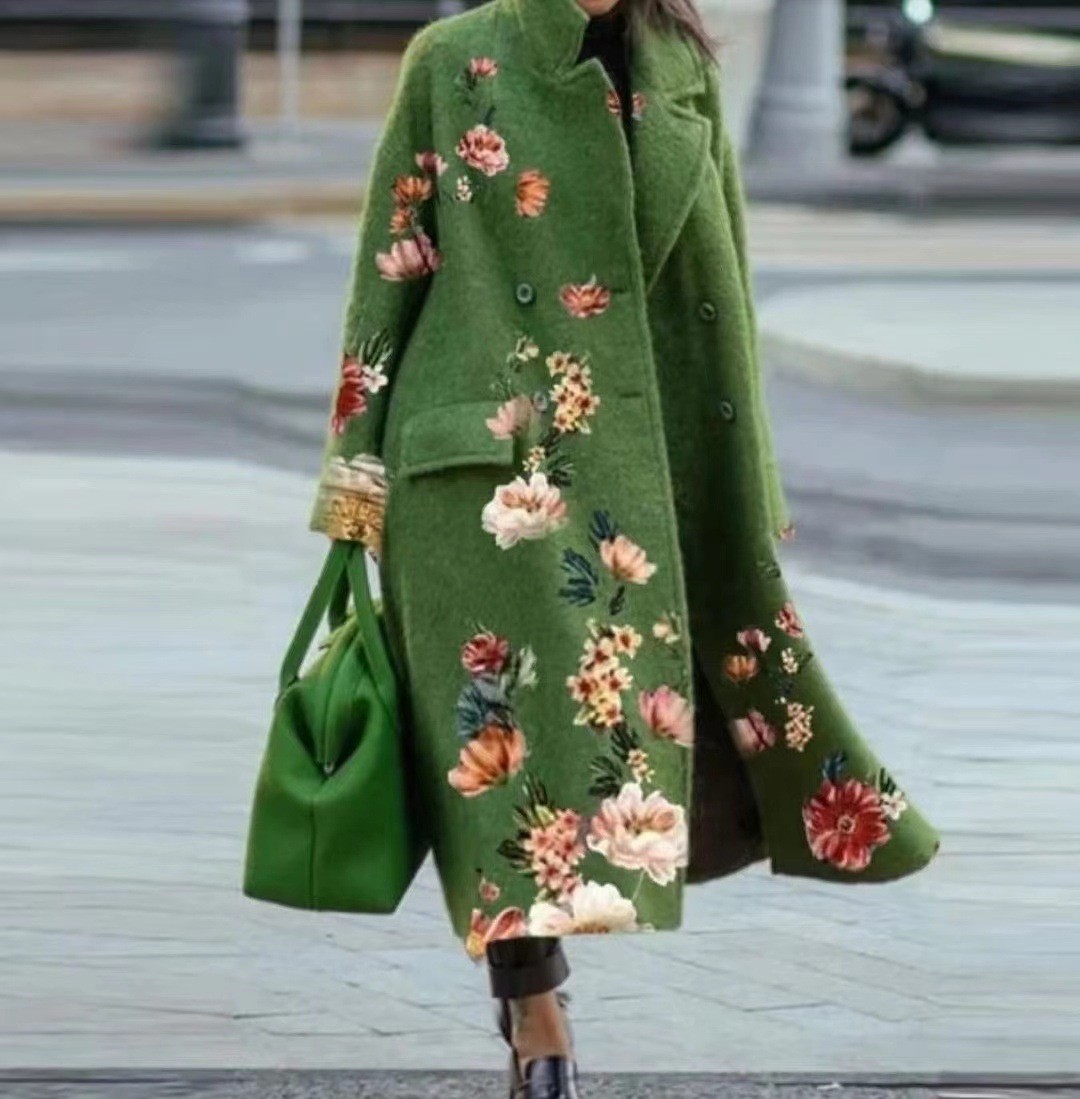 Women's Printed Dragon And Phoenix Woolen Coat - Image 8