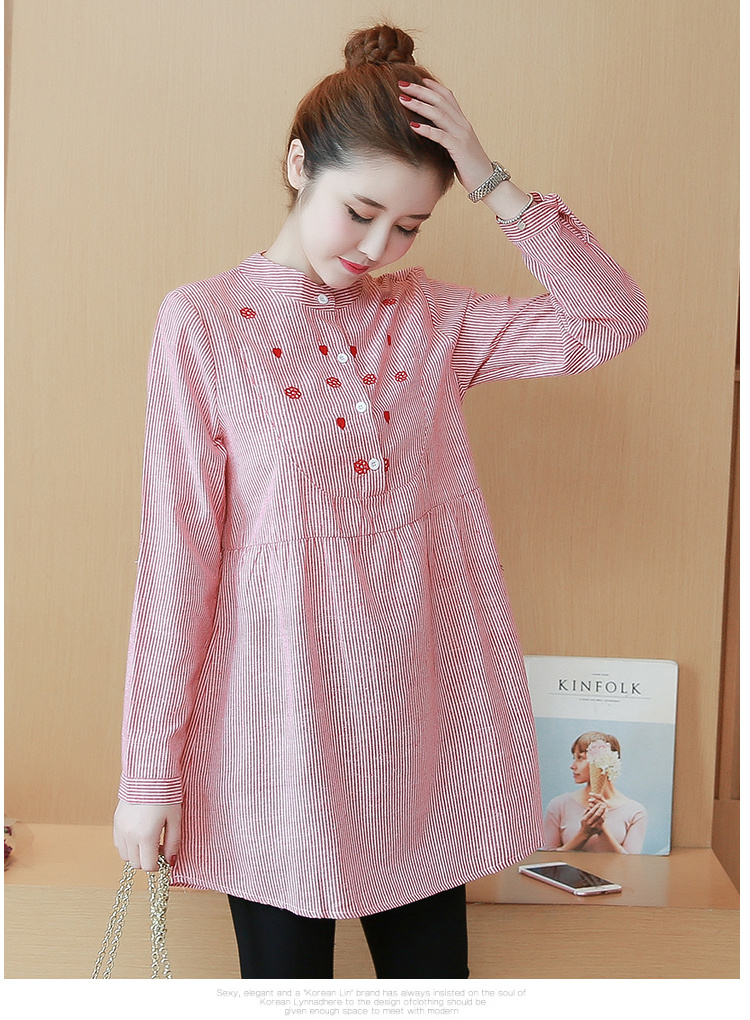 Maternity Collar Striped Stand-Up Embroidery Maternity Top - Image 5