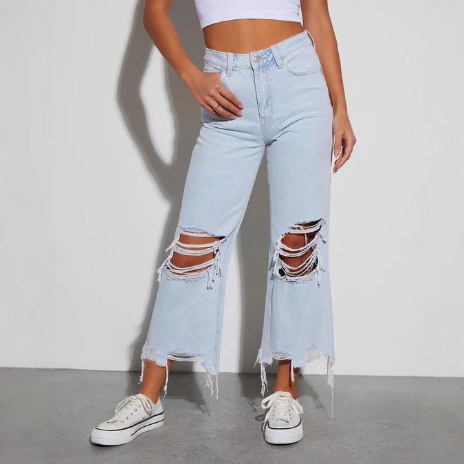 Mid Waist Ripped Cropped Jeans