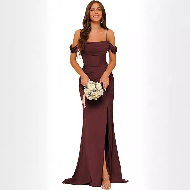 Off-The-Shoulder Satin Bridesmaid Corset Ball Gown - Image 5