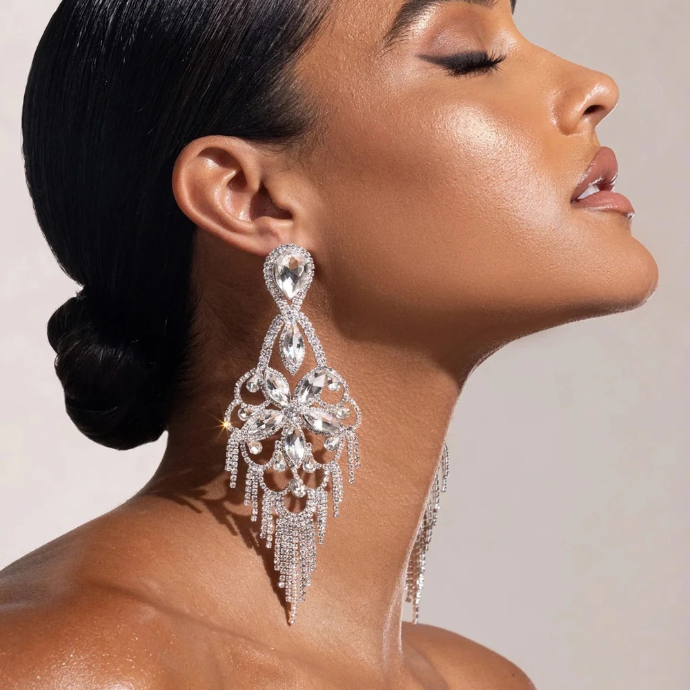 Long Rhinestone Tassel Earrings