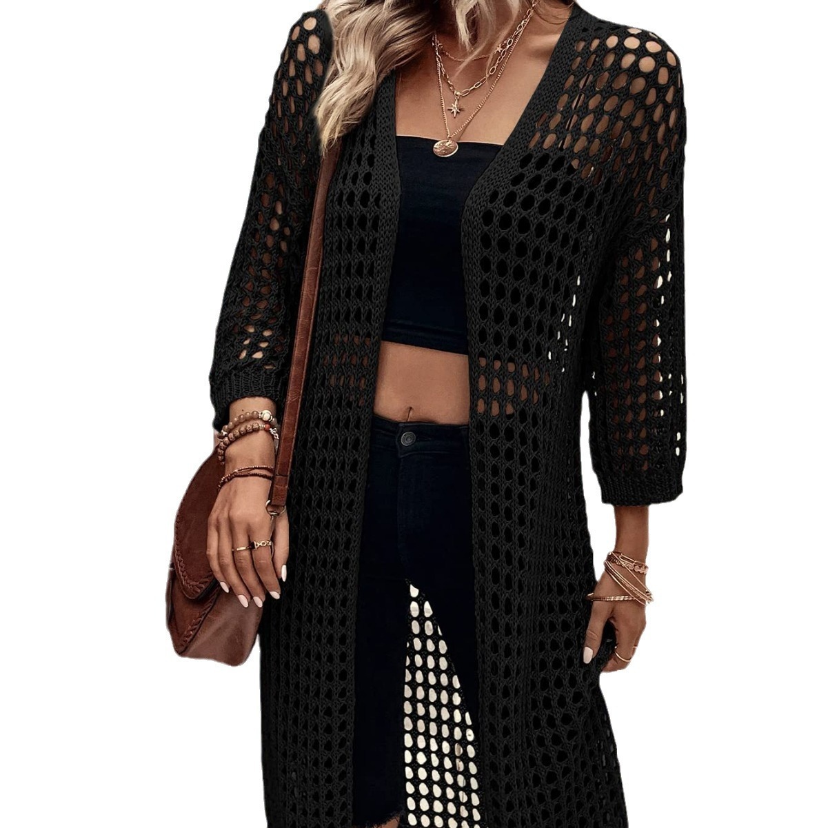 Long Hollow Knitted Cardigan Women - Image 3