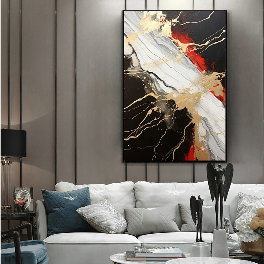 Vintage Gold Black Red Abstract Oil Painting