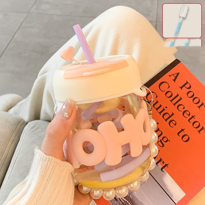 Cute Pearl Chain Silicone Glass Mug With Straw - Image 2